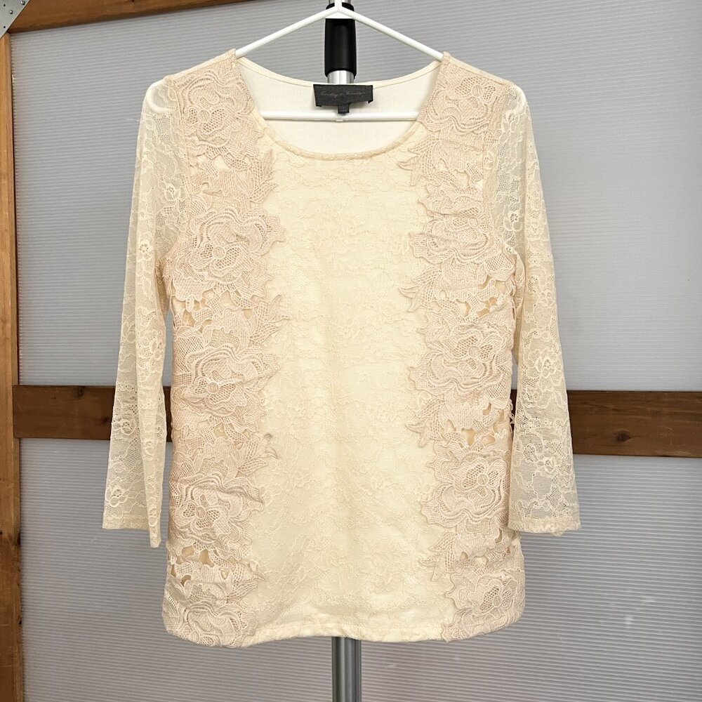 ANTHRO Sunday in Brooklyn Yellow Lace Cream Floral Appliques 3/4 Sleeve Top Sz S